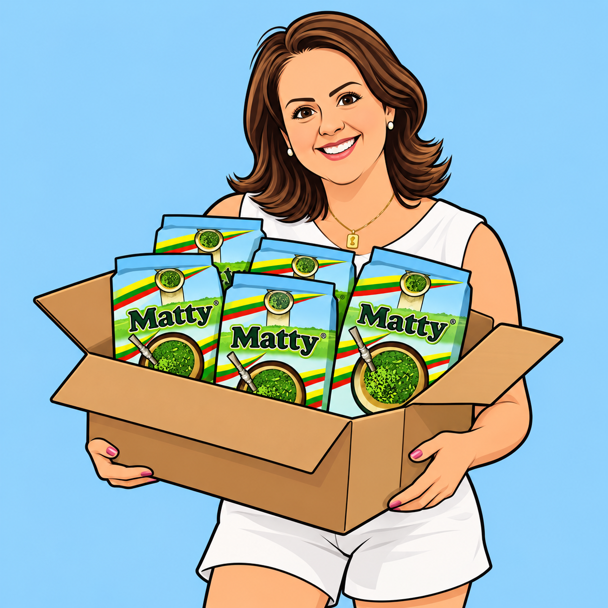 Letícia em cartoon, chegando sorridente com uma caixa de ervas-mate